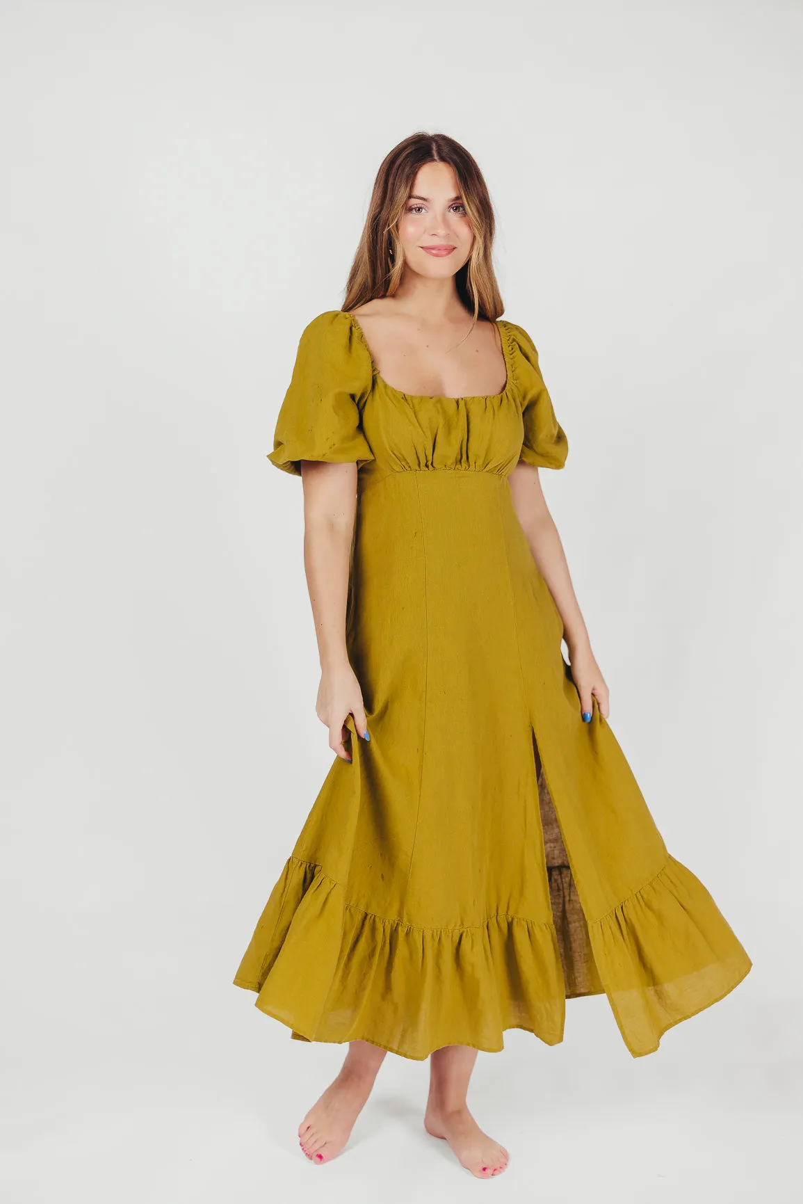 Beatrice Linen Fit-and-Flare Maxi Dress in Chartreuse