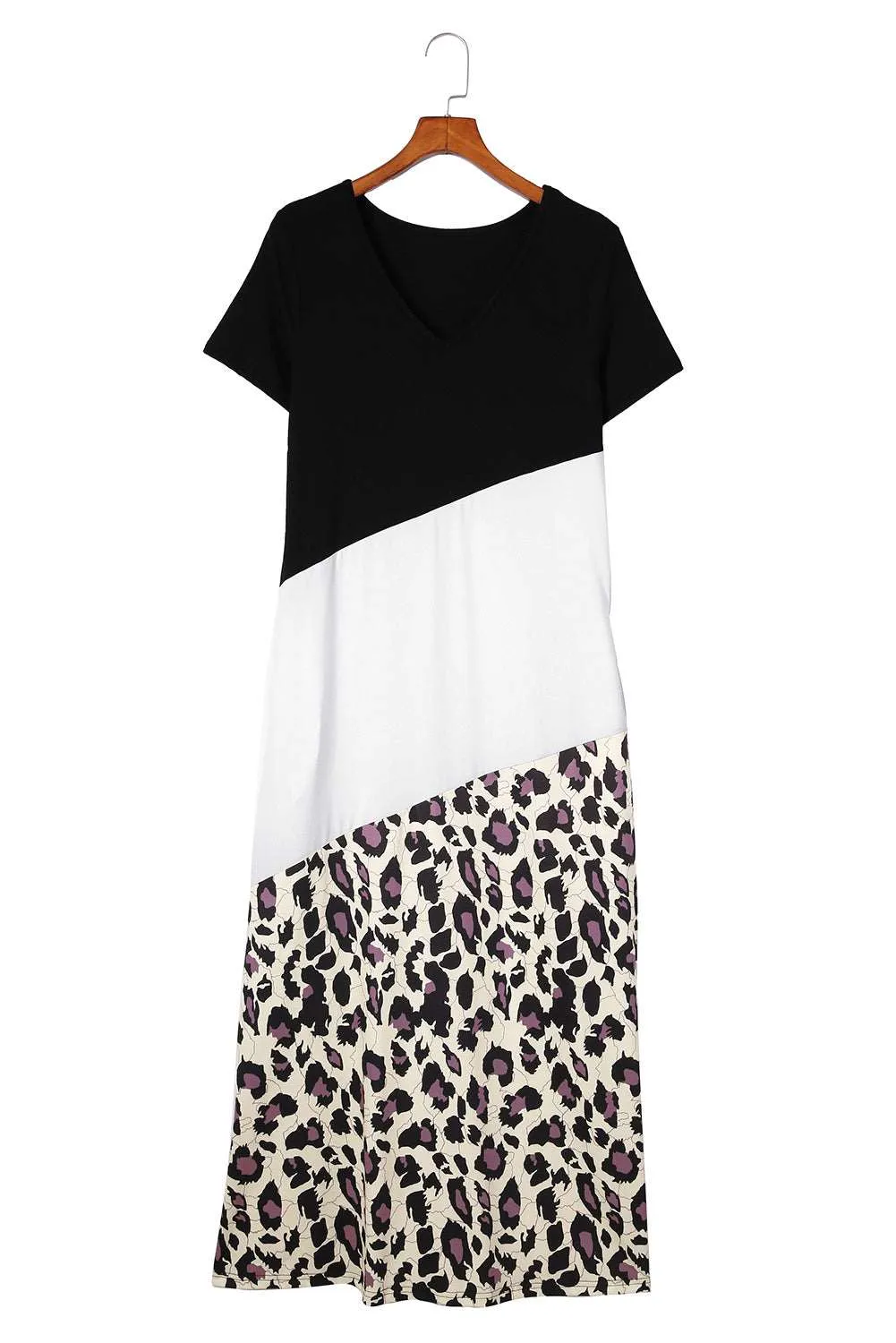 Black Leopard Color Block Side Slit T Shirt Maxi Dress