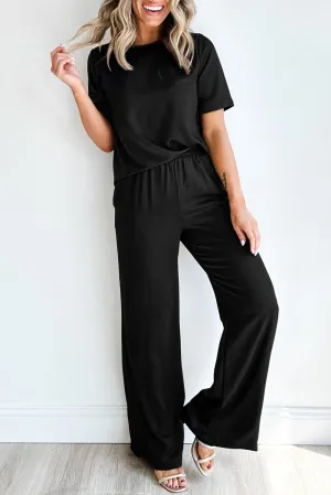 Black Solid Color T Shirt 2pcs Wide Leg Pants Set