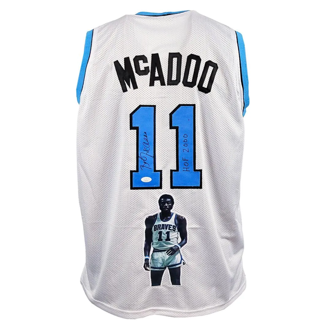 Bob McAdoo Signed HOF 2000 Inscription Buffalo White Photo Basketball Jersey (JSA)