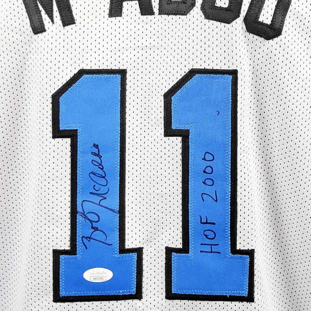 Bob McAdoo Signed HOF 2000 Inscription Buffalo White Photo Basketball Jersey (JSA)