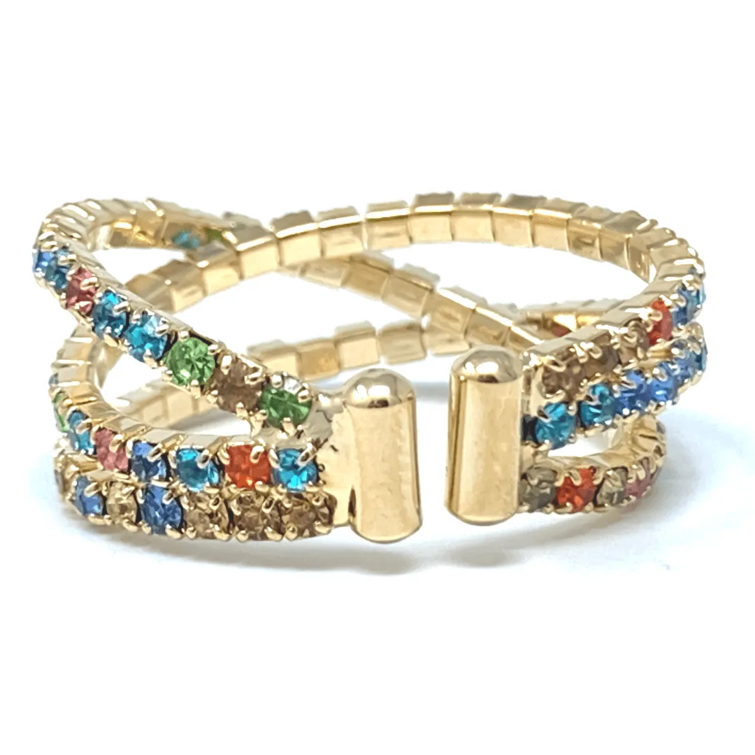 Color Rhinestone Gold Crossover Cuff Style Stretch Ring