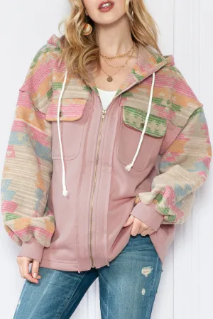 Light Pink Geometric Patchwork Hooded Zip Up Jacket