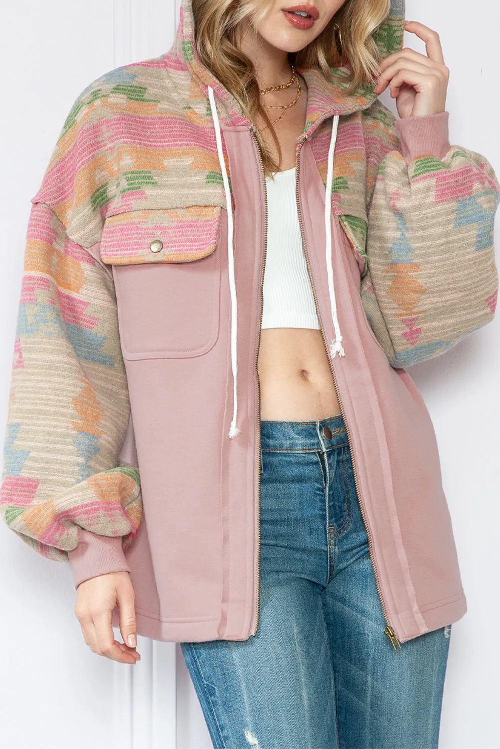 Light Pink Geometric Patchwork Hooded Zip Up Jacket