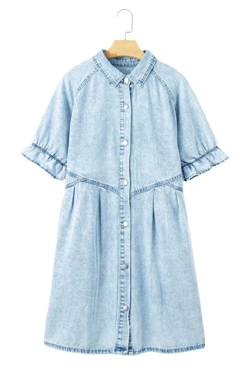 Medium Grey Mineral Wash Ruffled Short Sleeve Buttoned Denim Dress