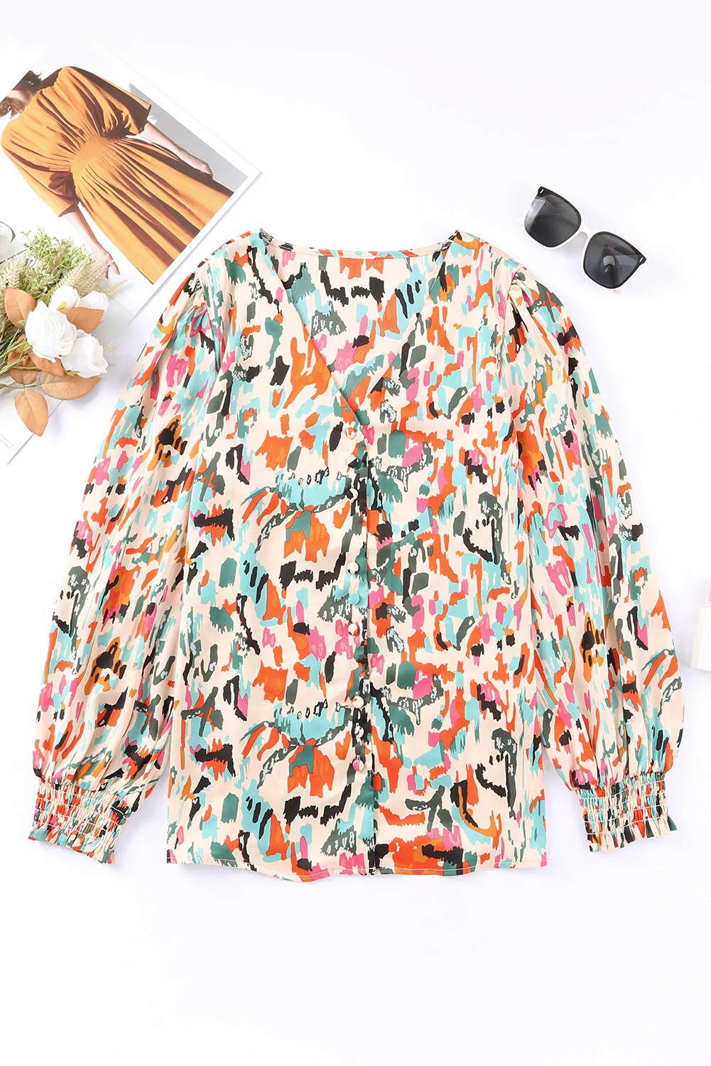 Multicolor Abstract Print Boho V Neck Shirred Cuffs Blouse