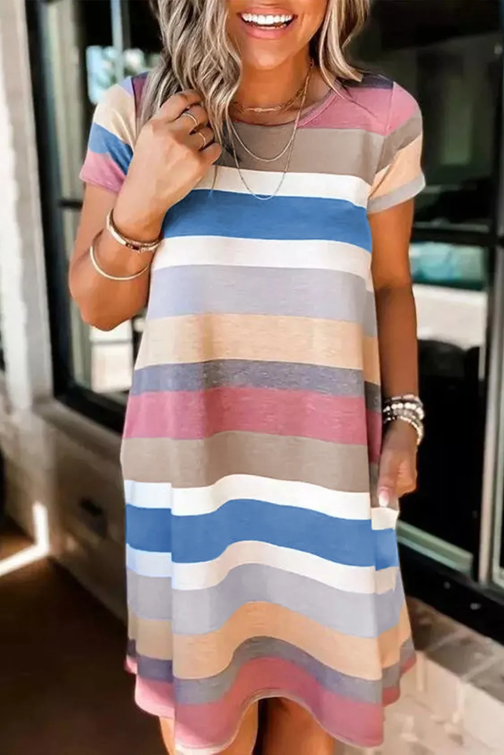 Multicolor Striped Casual Pocket Color Block T Shirt Dress