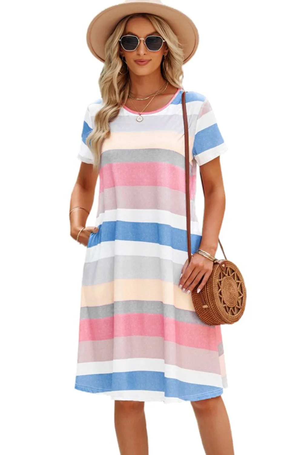 Multicolor Striped Casual Pocket Color Block T Shirt Dress