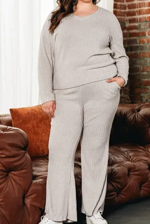 Parchment Plus Size Ribbed V Neck Pullover and Pants Set