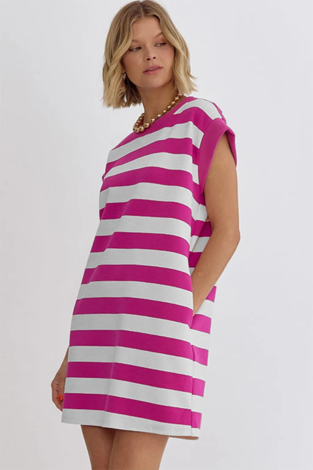 Rose Stripe Cap Sleeve Pocketed T-shirt Dress